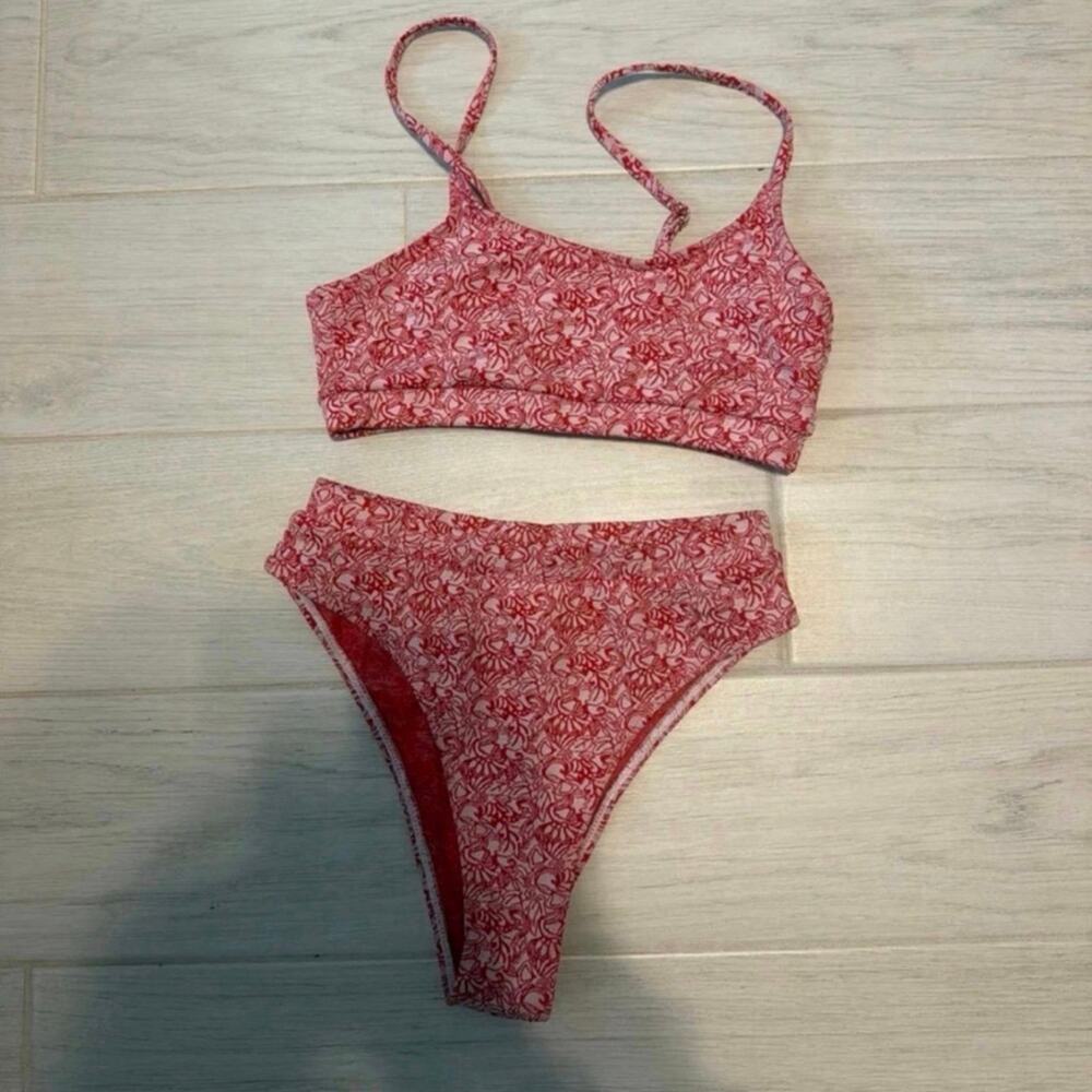 SHEIN Women’s Small Red Pink Floral Print High Waisted Bikini Set